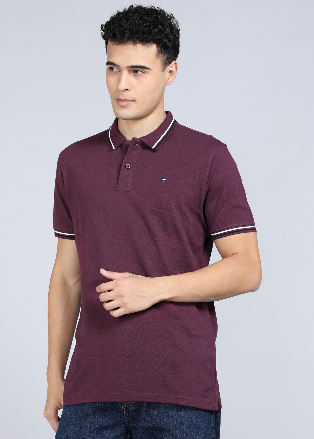 Image of Louis Philippe Sport Slim Fit Casual Men Solid Polo Neck Pure Cotton Purple T-Shirt