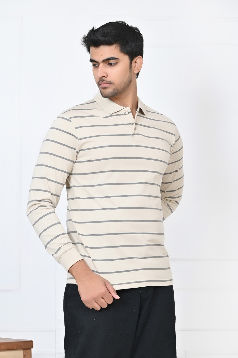 Image of Arbour Striped Men Polo Neck Beige T-Shirt