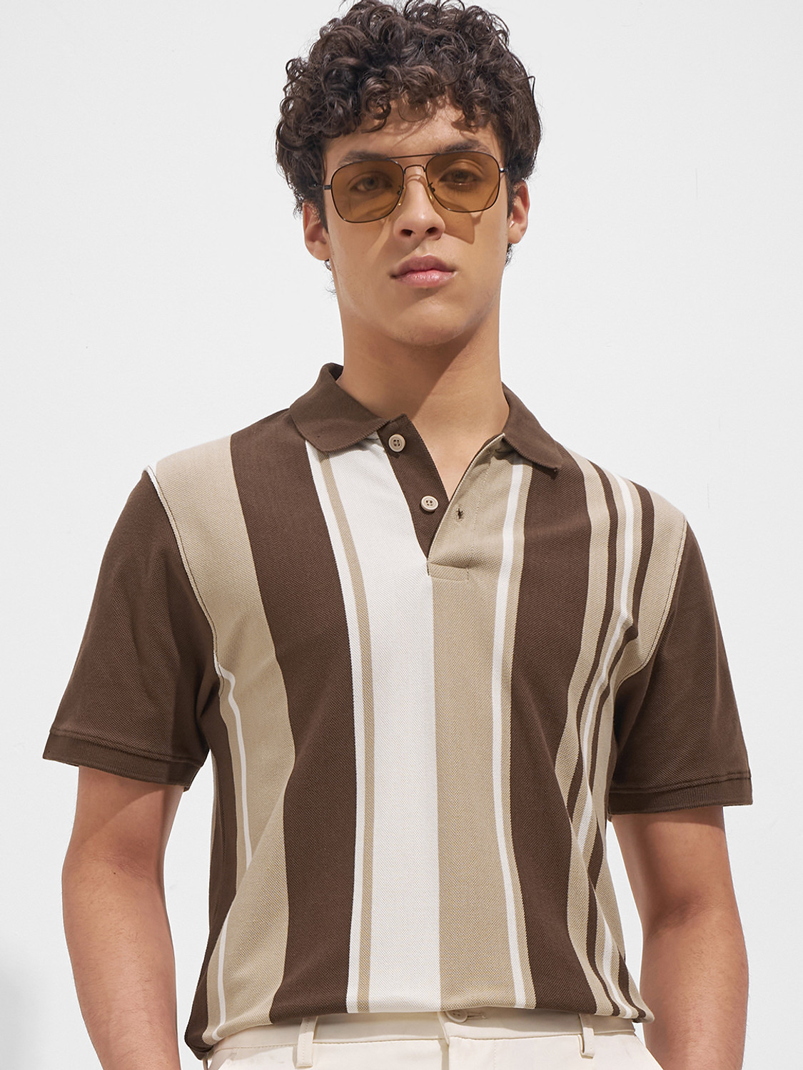 Image of HIGHLANDER Striped Men Polo Neck Brown T-Shirt