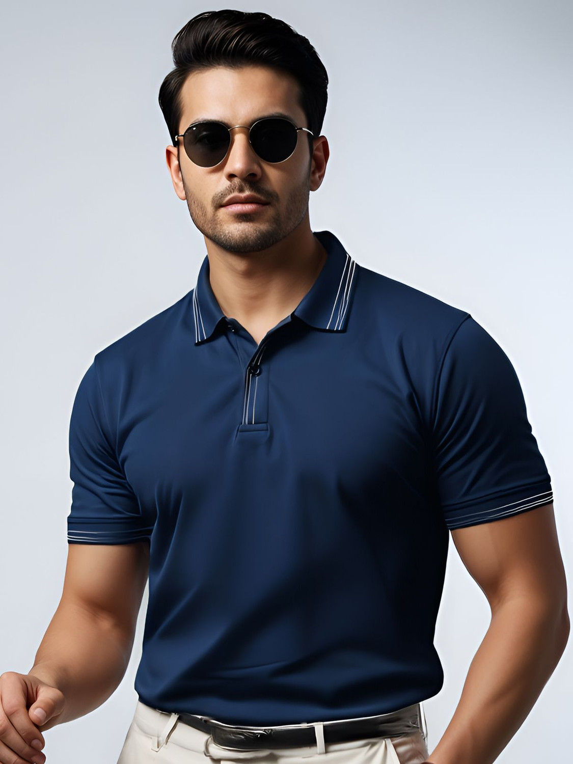 Image of ADRO Solid Men Polo Neck Navy Blue T-Shirt