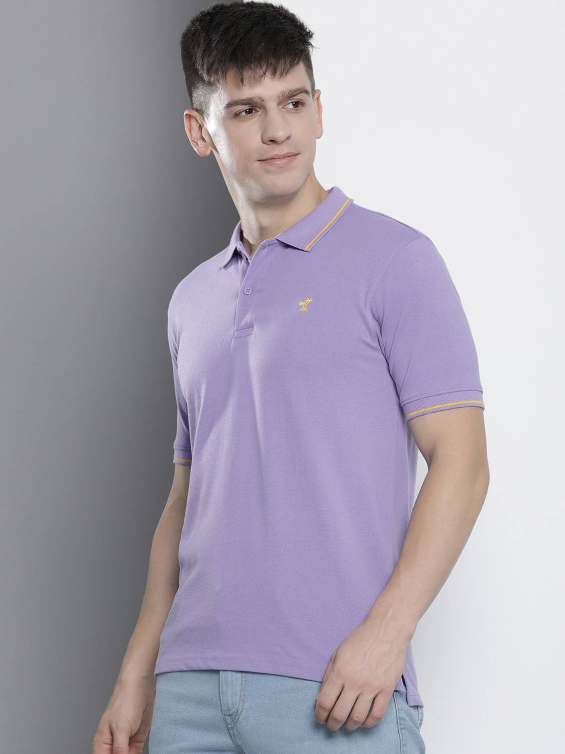 The Indian Garage Co. Men Solid Polo Neck Cotton Blend Purple T-S