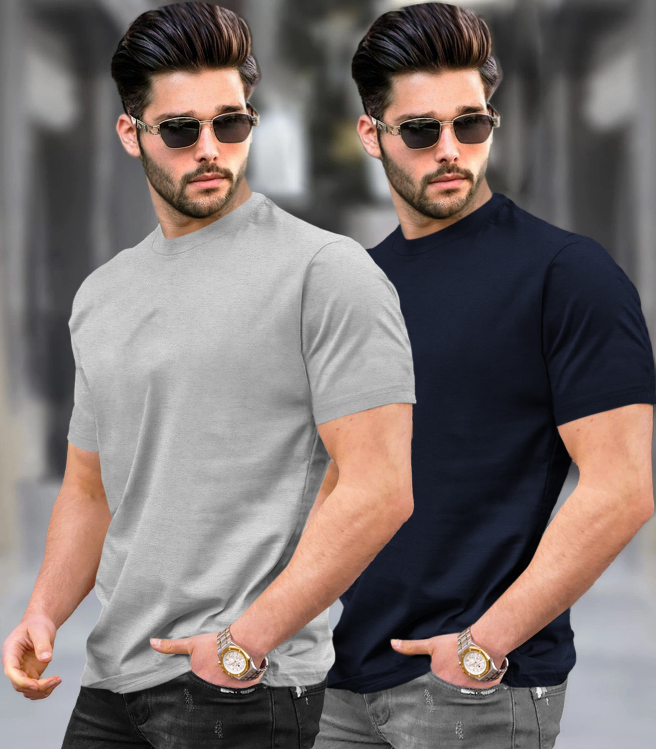 Image of TRIPR Solid Men Round Neck Grey, Navy Blue T-Shirt