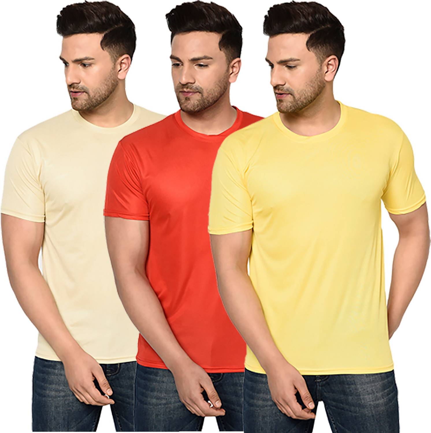 InkTees Pack of 3 Men Solid Regular Fit Plain T-Shirt Multicolor