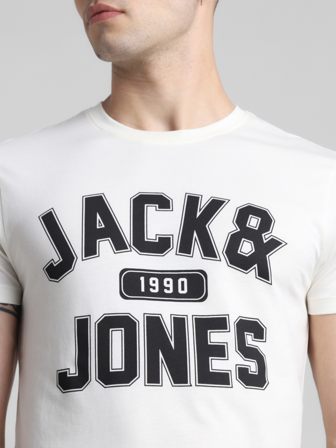 Image of JACK & JONES Typography Men Round Neck White T-Shirt
