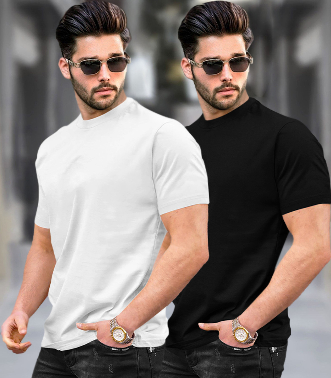 Image of TRIPR Solid Men Round Neck White, Black T-Shirt