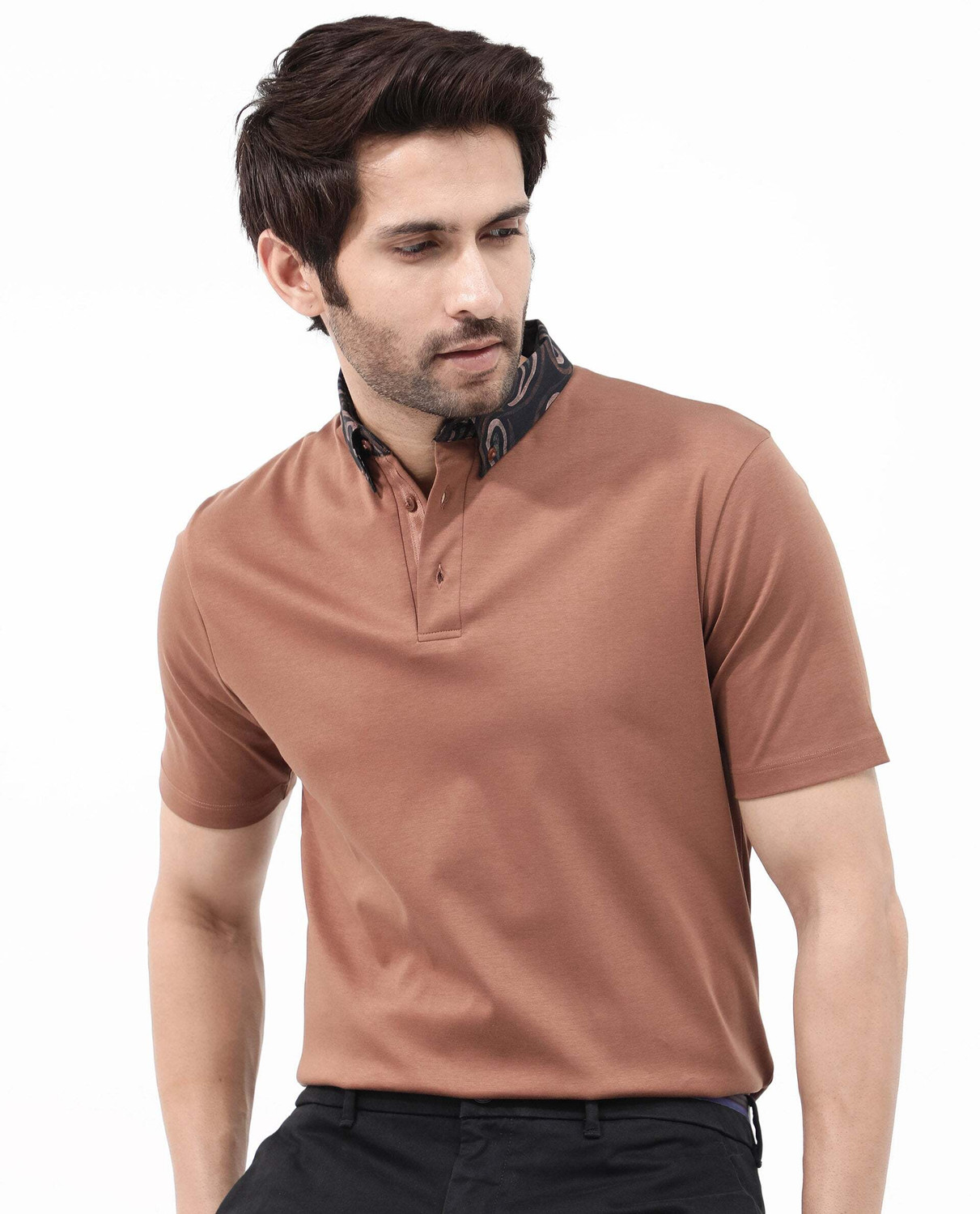 Image of RARE RABBIT Solid Men Polo Neck Brown T-Shirt