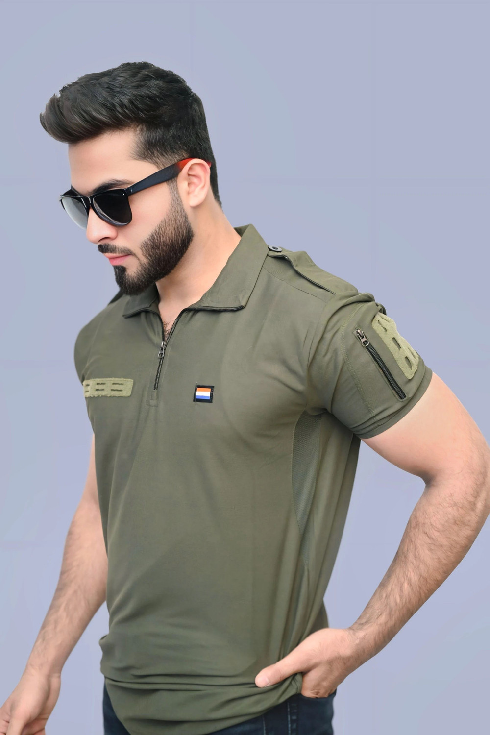 Image of AZYXREN Solid Men Zip Neck Dark Green T-Shirt