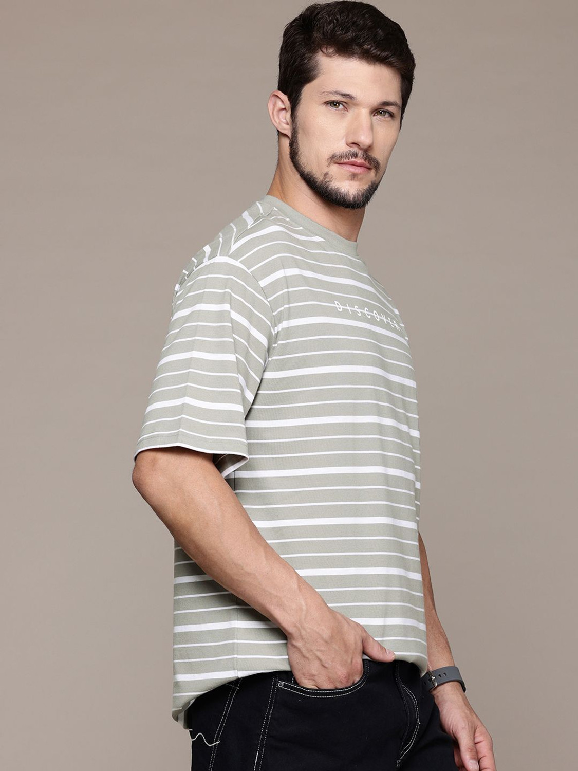 Image of Roadster Striped Men Round Neck Grey T-Shirt