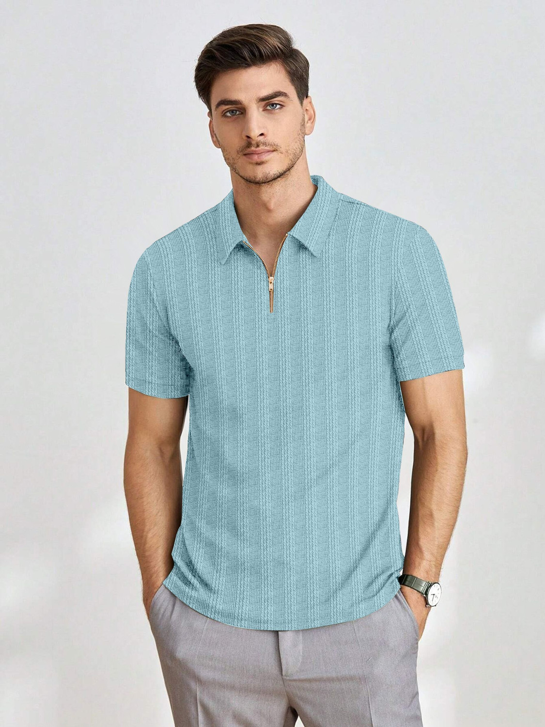 Image of COMBRAIDED Striped Men Round Neck Light Blue T-Shirt