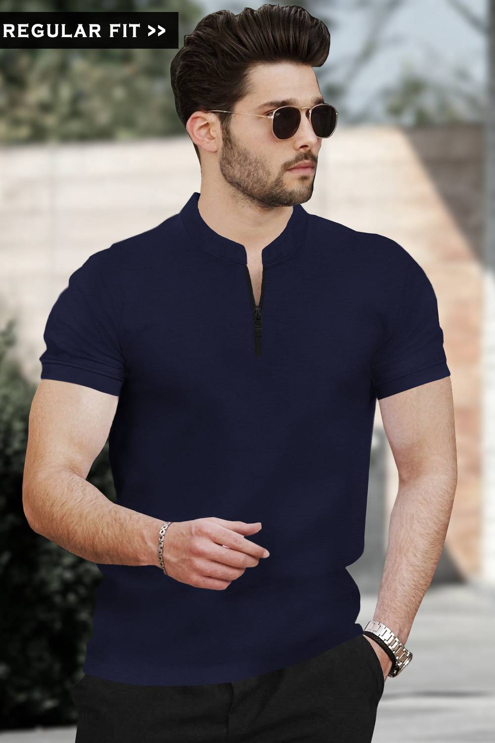 TRIPR Men Solid Mandarin Collar Cotton Blend Navy Blue T-Shirt