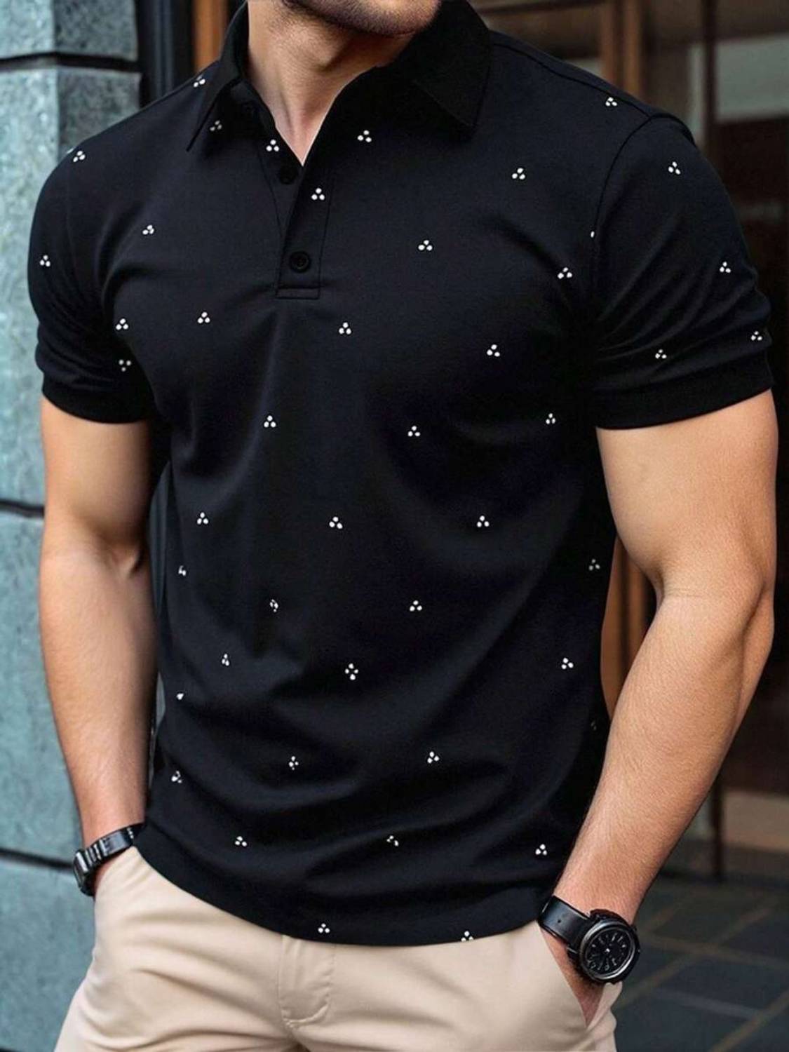 TrendsTalk Men Printed Polo Neck Polyester Black T-Shirt