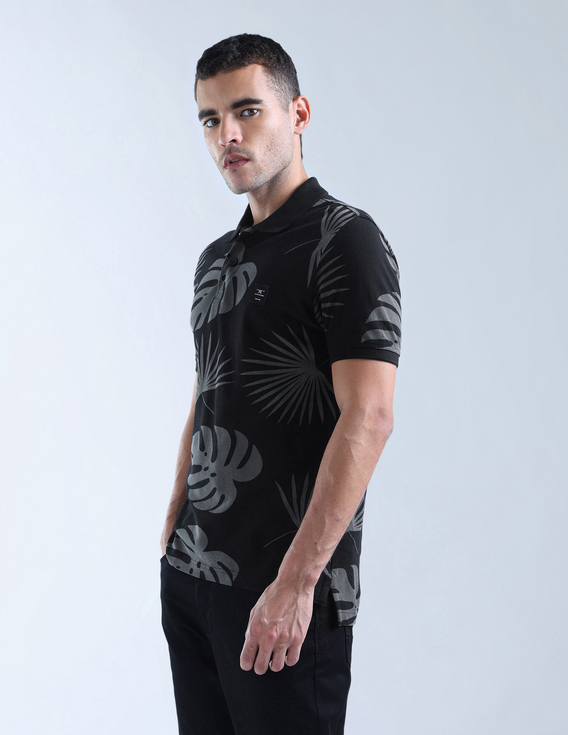 Image of FLYING MACHINE Printed Men Polo Neck Black T-Shirt