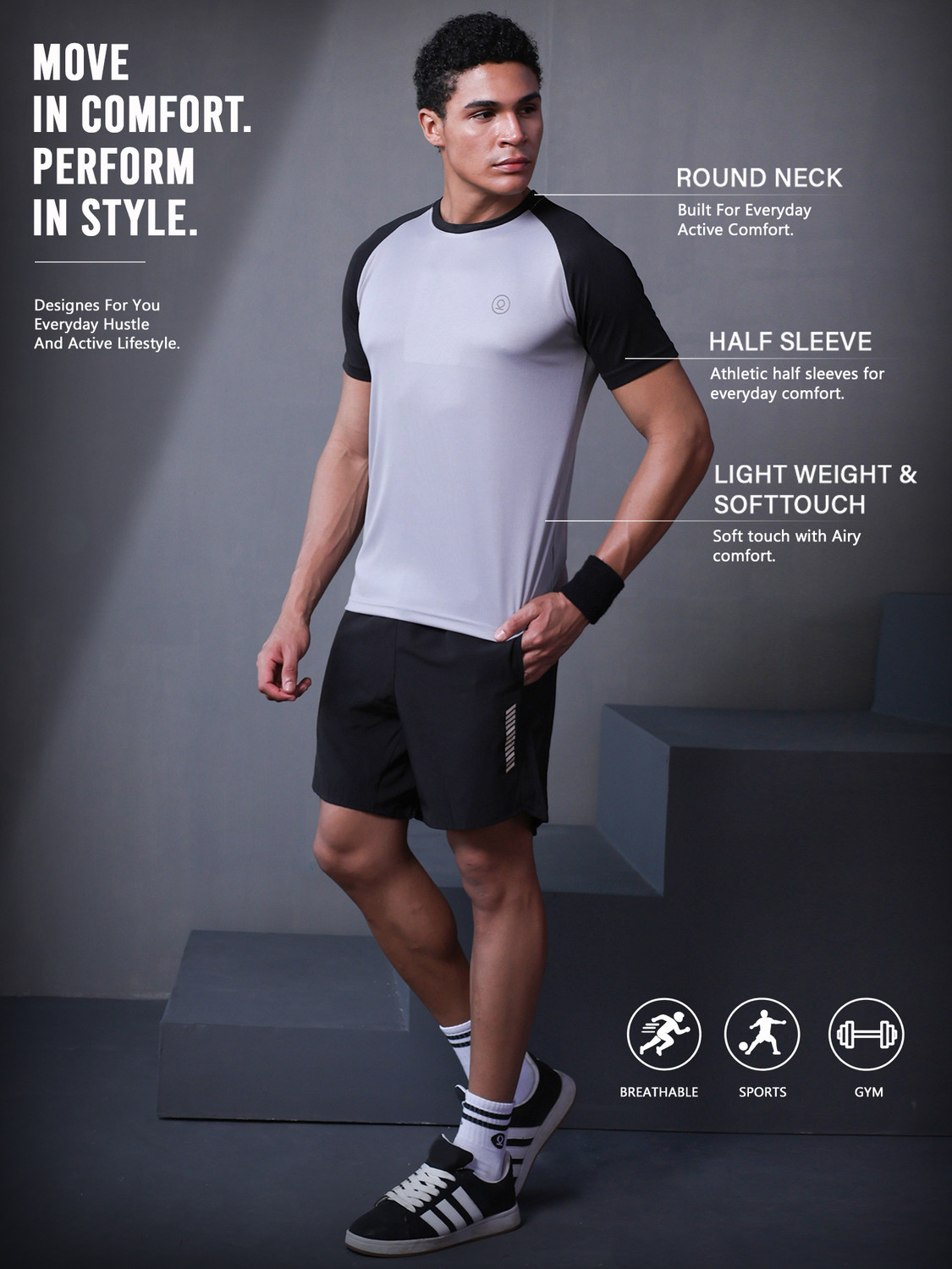 Image of CHKOKKO Colorblock Men Round Neck Grey T-Shirt