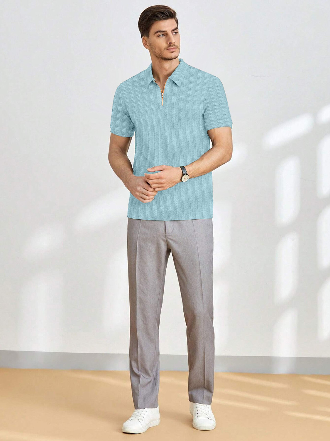 Image of COMBRAIDED Striped Men Zip Neck Light Blue T-Shirt
