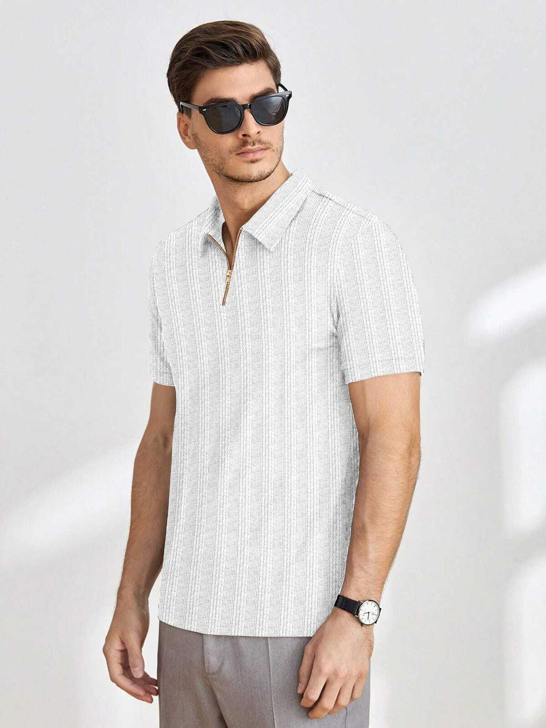Image of BROWEARS Striped Men Polo Neck White T-Shirt