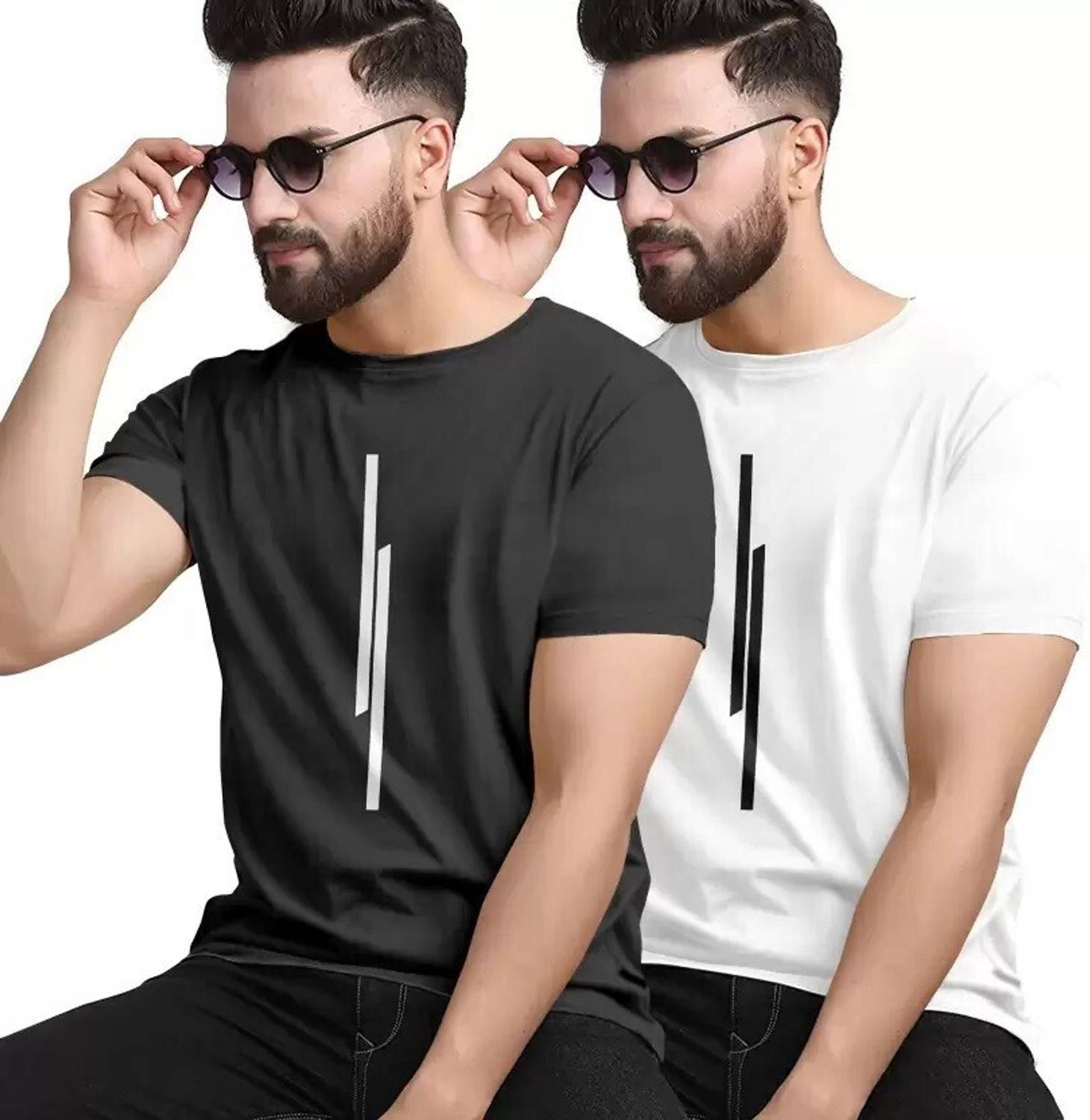 REVIZO Pack of 2 Men Solid Round Neck Polyester White T-Shirt
