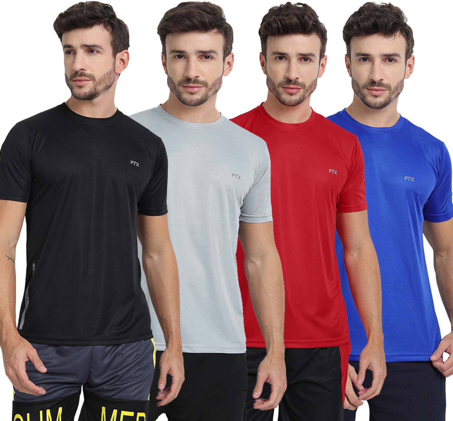 FTX Pack of 4 Men Solid Round Neck Polyester Multicolor T-Shirt