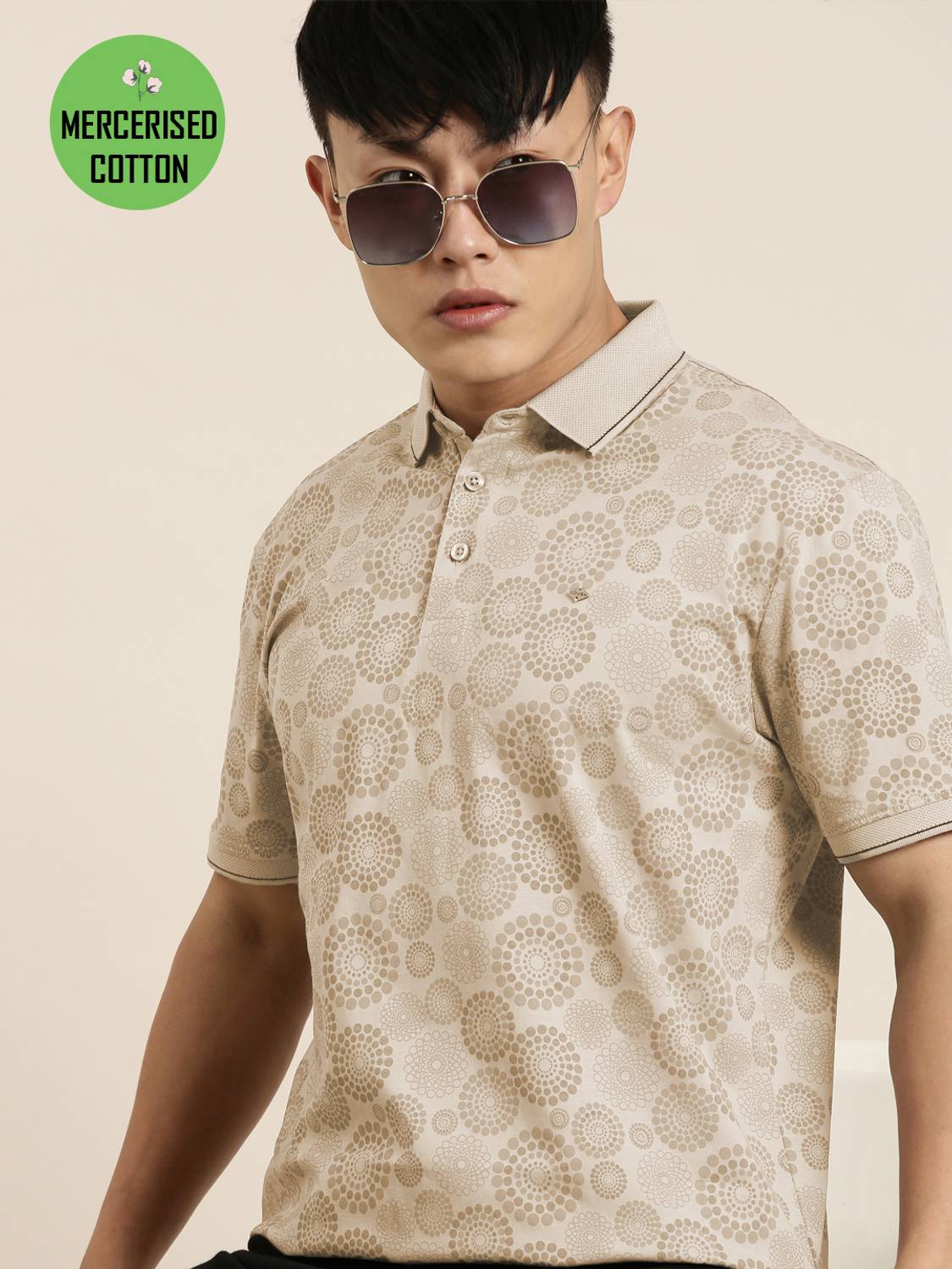 JOVEN Men Printed Polo Neck Pure Cotton Beige T-Shirt