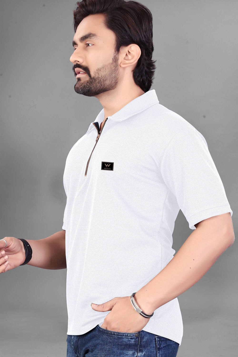 Image of WeReKo Self Design Men Zip Neck Grey, White T-Shirt