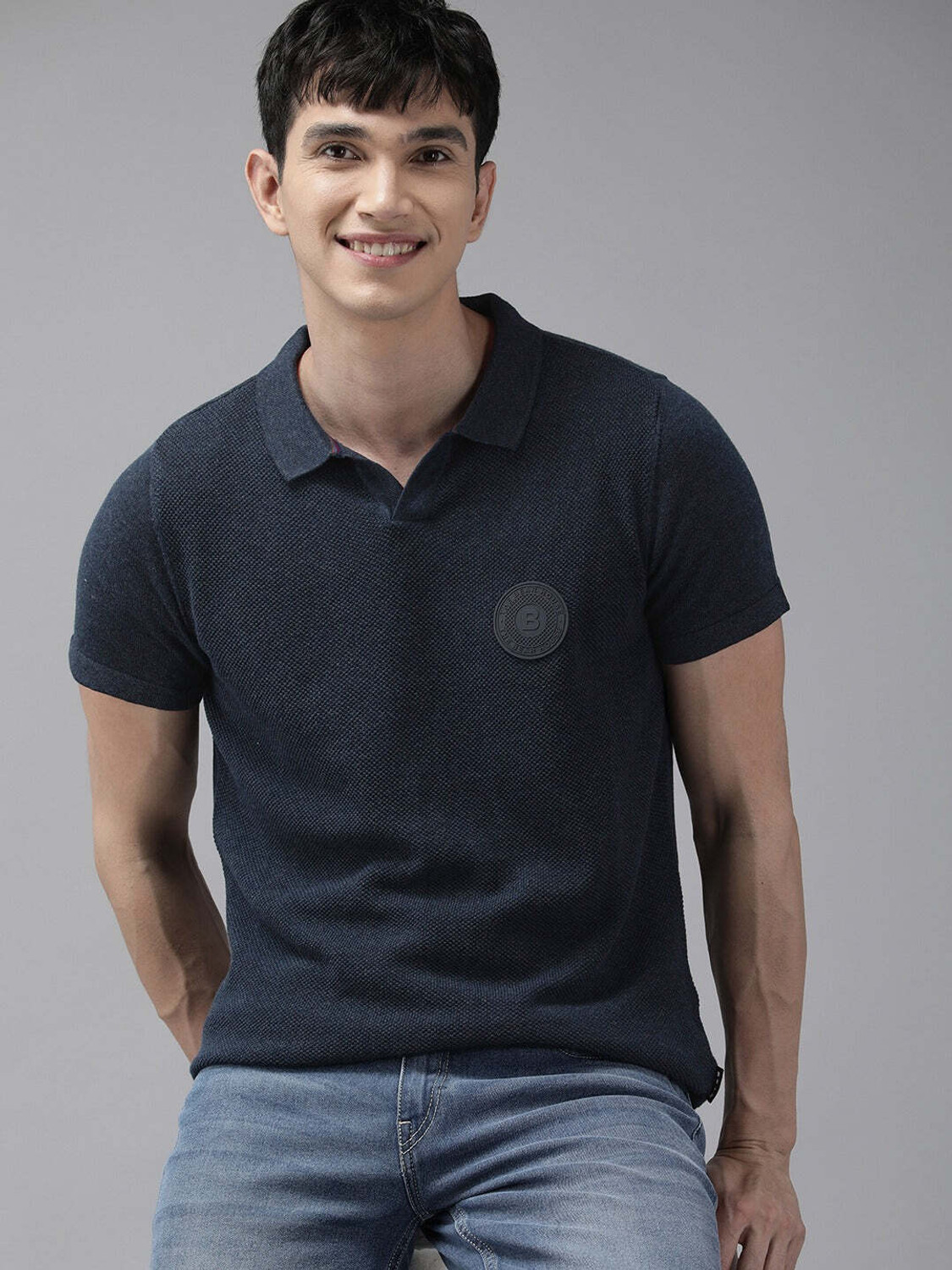 Image of THE BEAR HOUSE Self Design Men Polo Neck Blue T-Shirt