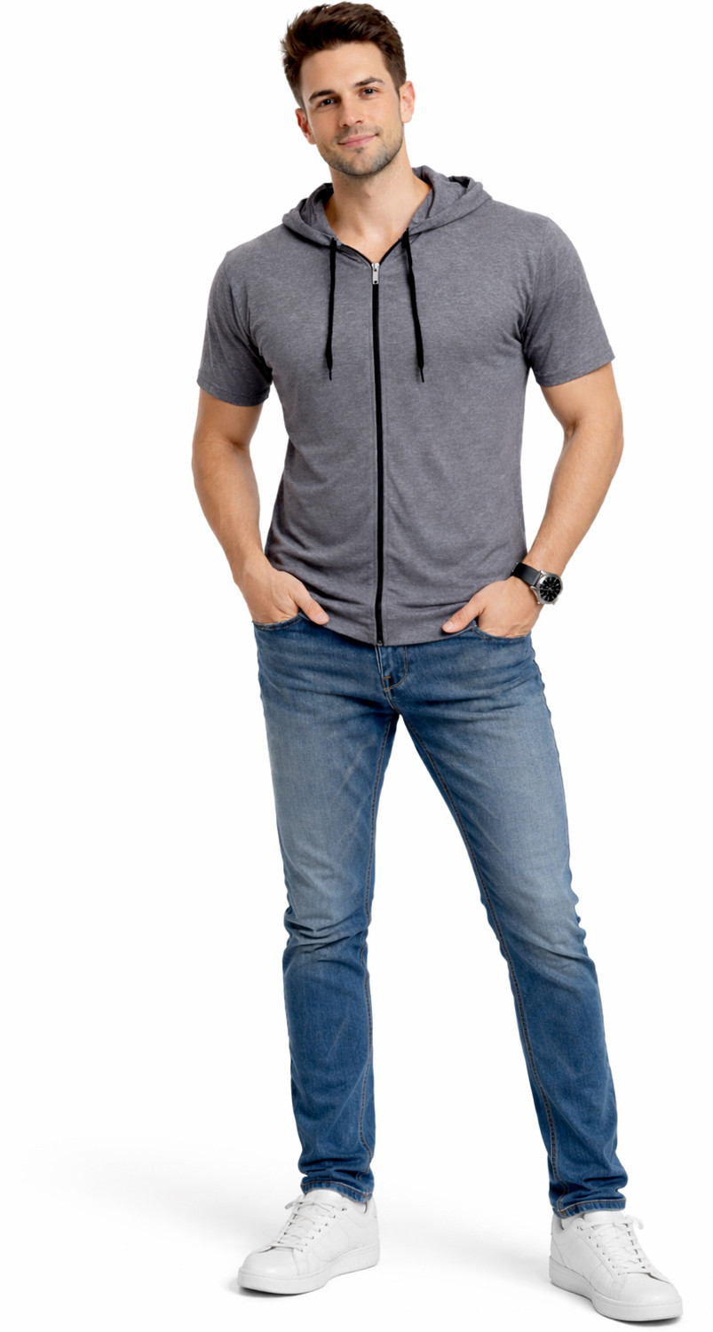 Image of Blisstone Solid Men Hooded Neck Grey T-Shirt