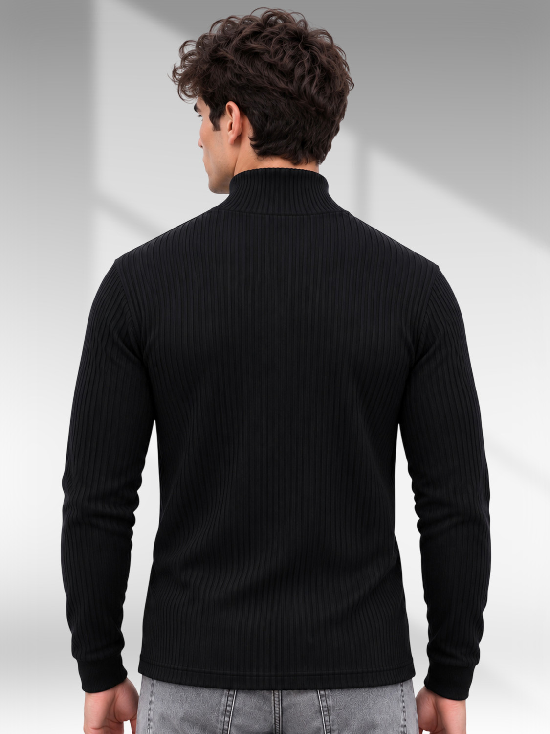 Image of GK ROOTS Striped Men Turtle Neck Black T-Shirt