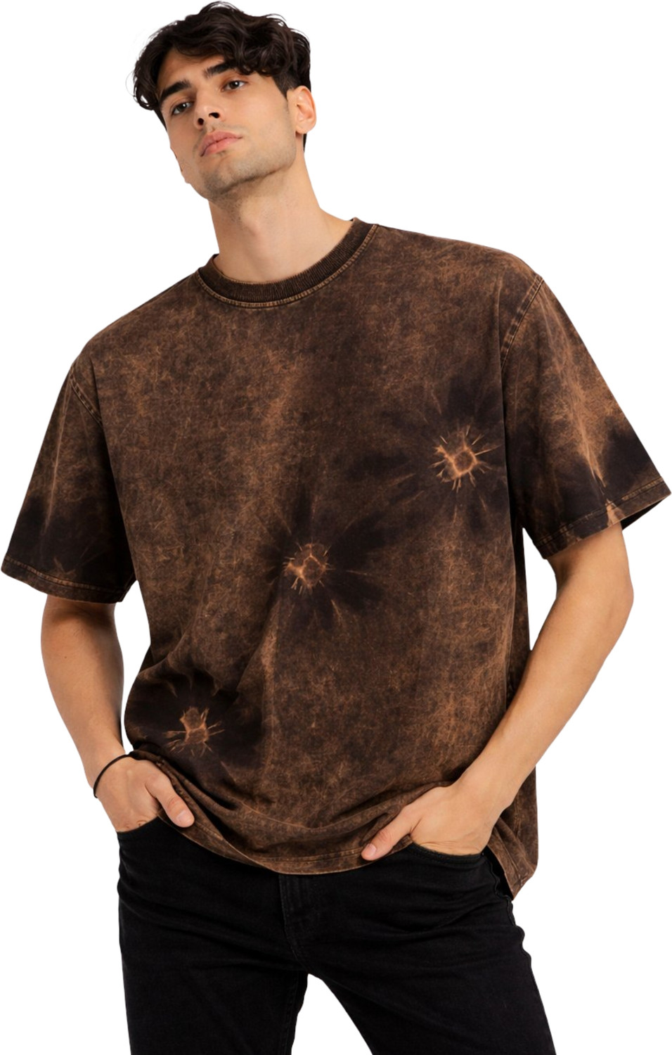 Image of Urban Drake Washed, Tie & Dye Men Round Neck Brown T-Shirt