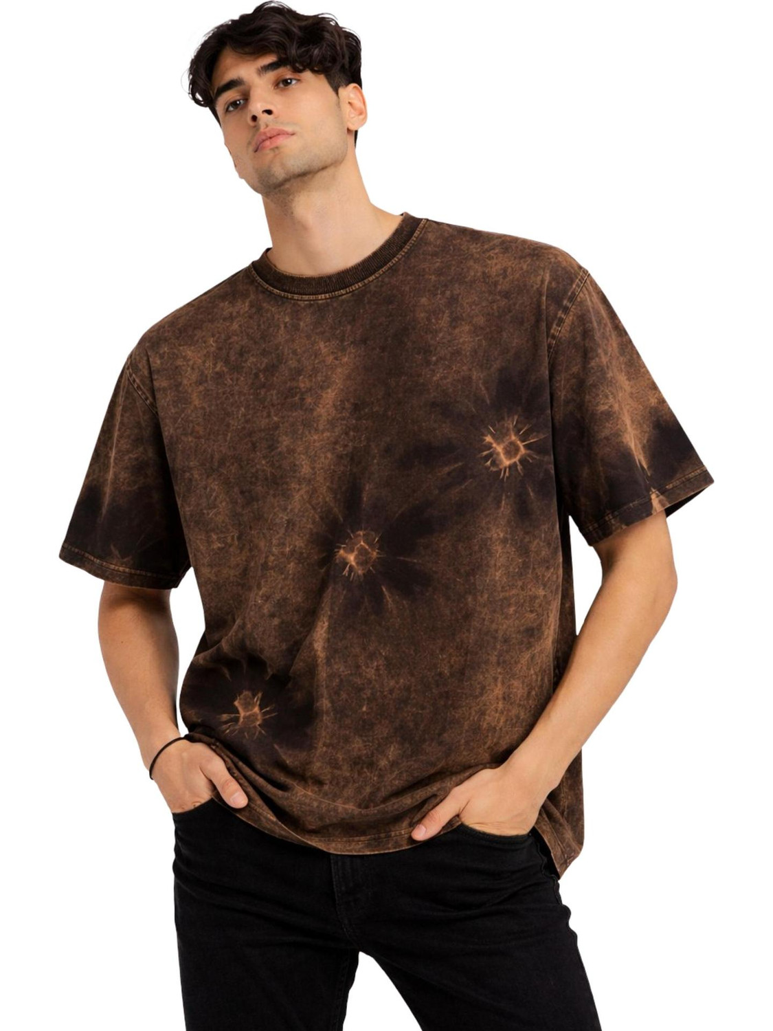 Image of Urban Drake Washed, Tie & Dye Men Round Neck Brown T-Shirt