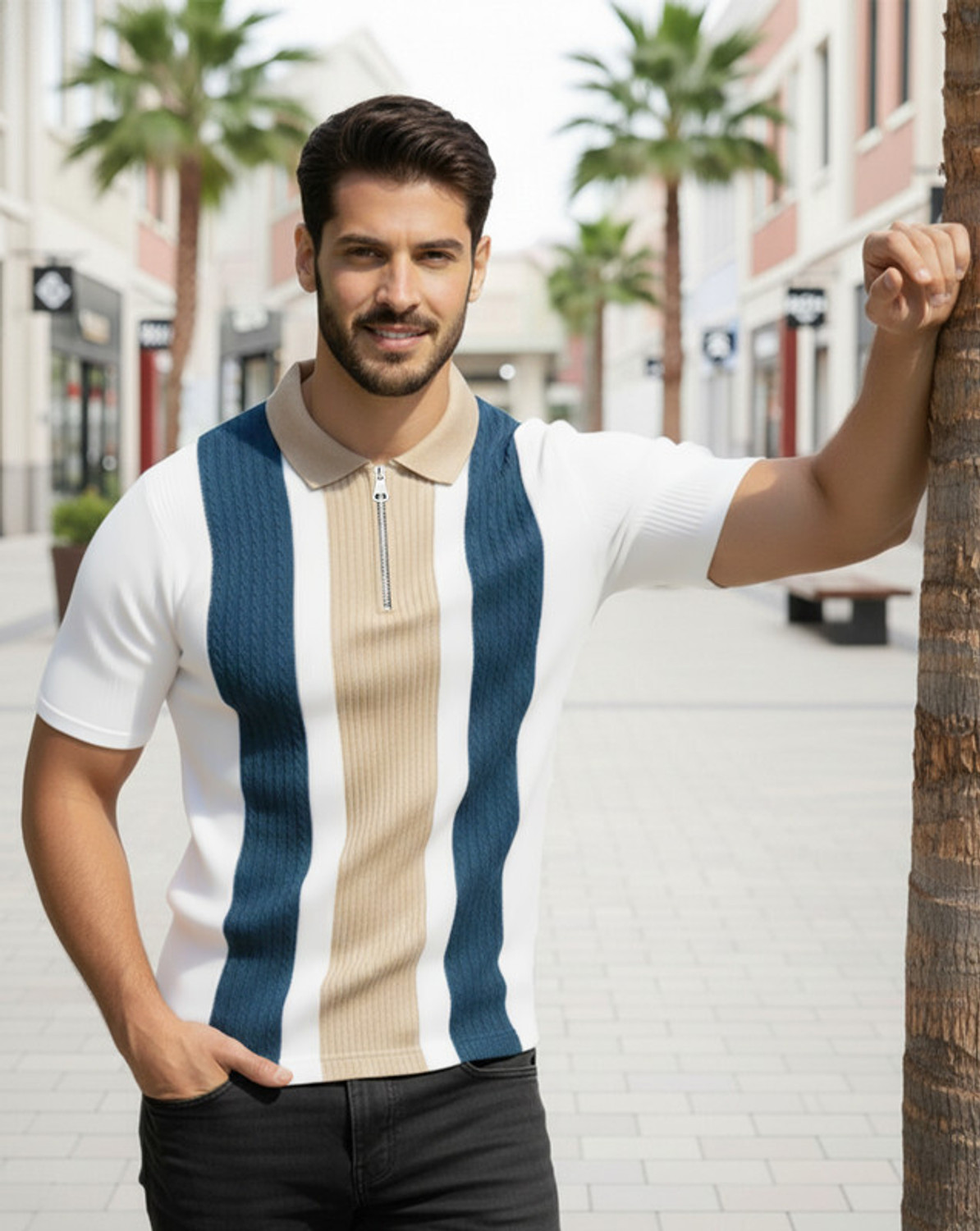 Image of ENITOR Self Design Men Polo Neck Blue T-Shirt