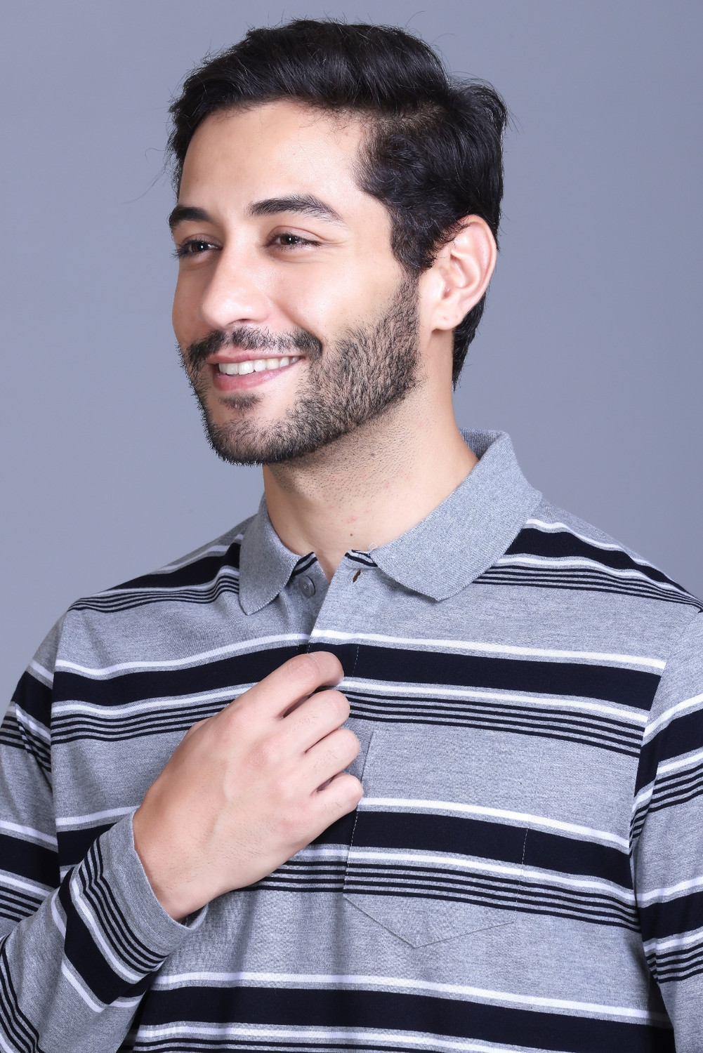 Image of SANE ORIGINALS Striped Men Polo Neck Grey T-Shirt