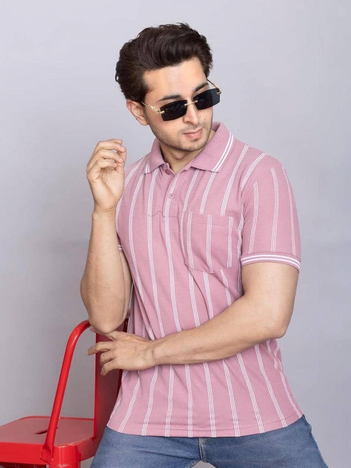 RosyRains Printed Men Polo Neck Pink T-Shirt