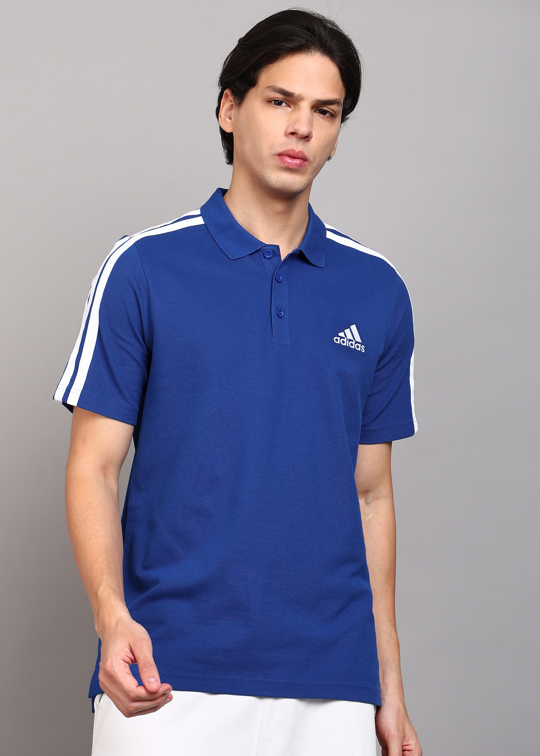 Image of ADIDAS Solid Men Polo Neck Blue T-Shirt