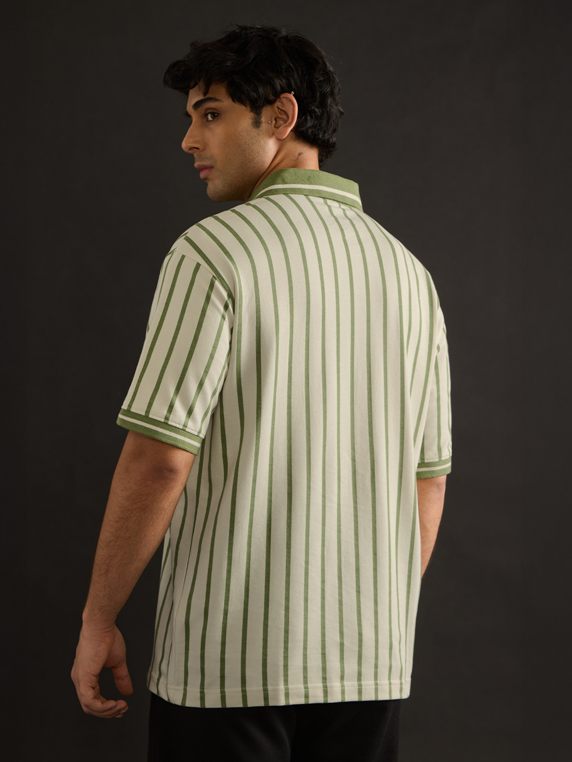 Image of The Souled Store Striped Men Polo Neck Light Green T-Shirt