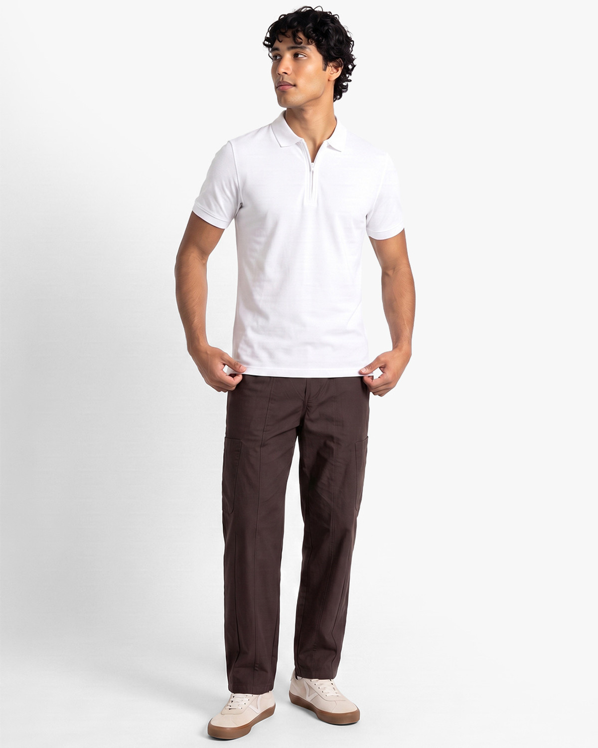Image of BEWAKOOF Men Self Design Polo Neck Pure Cotton White T-Shirt