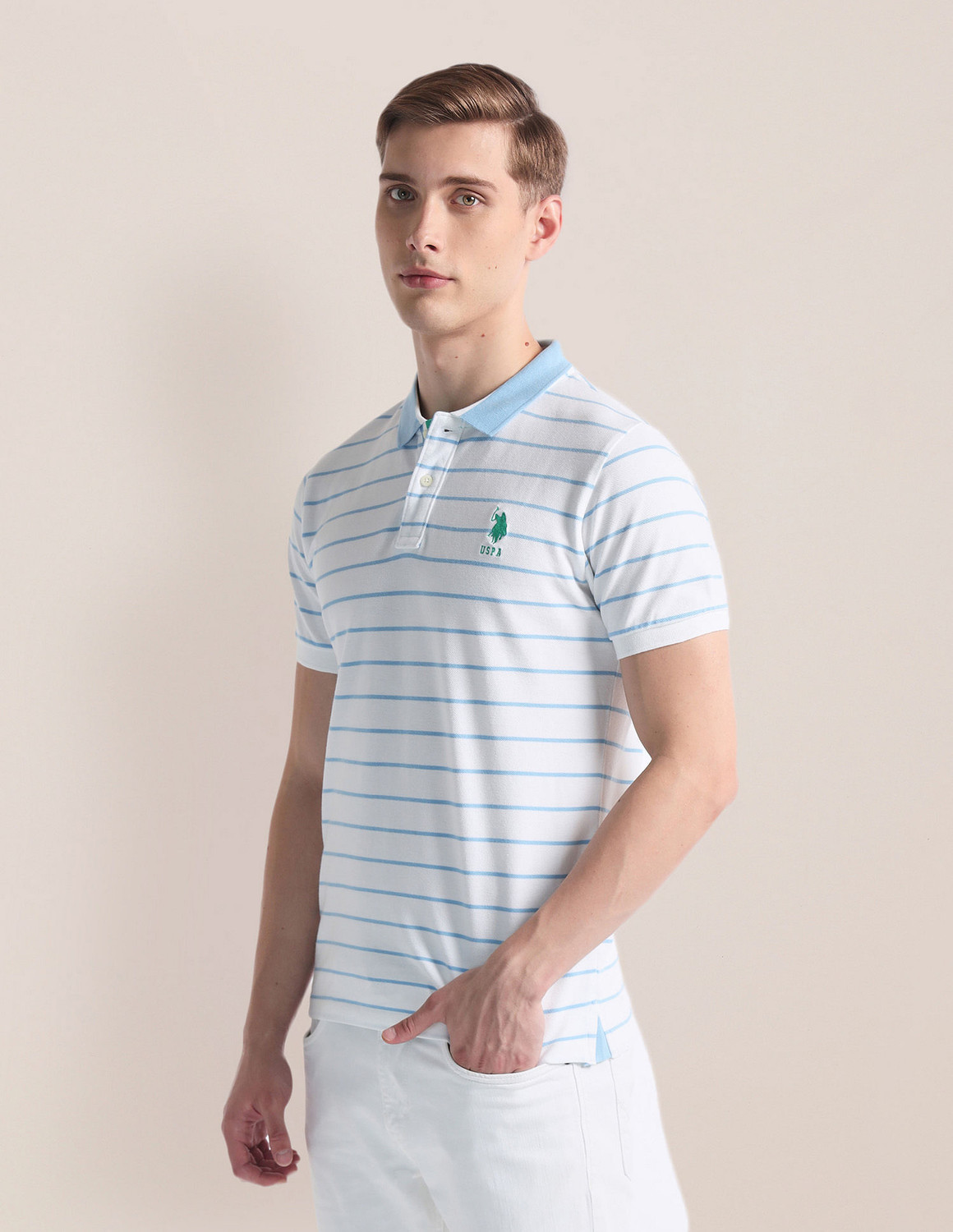 Image of U.S. POLO ASSN. Striped Men Polo Neck White T-Shirt
