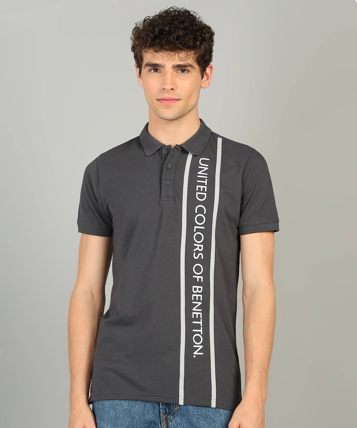 United Colors of Benetton Men Printed Polo Neck Cotton Blend Grey