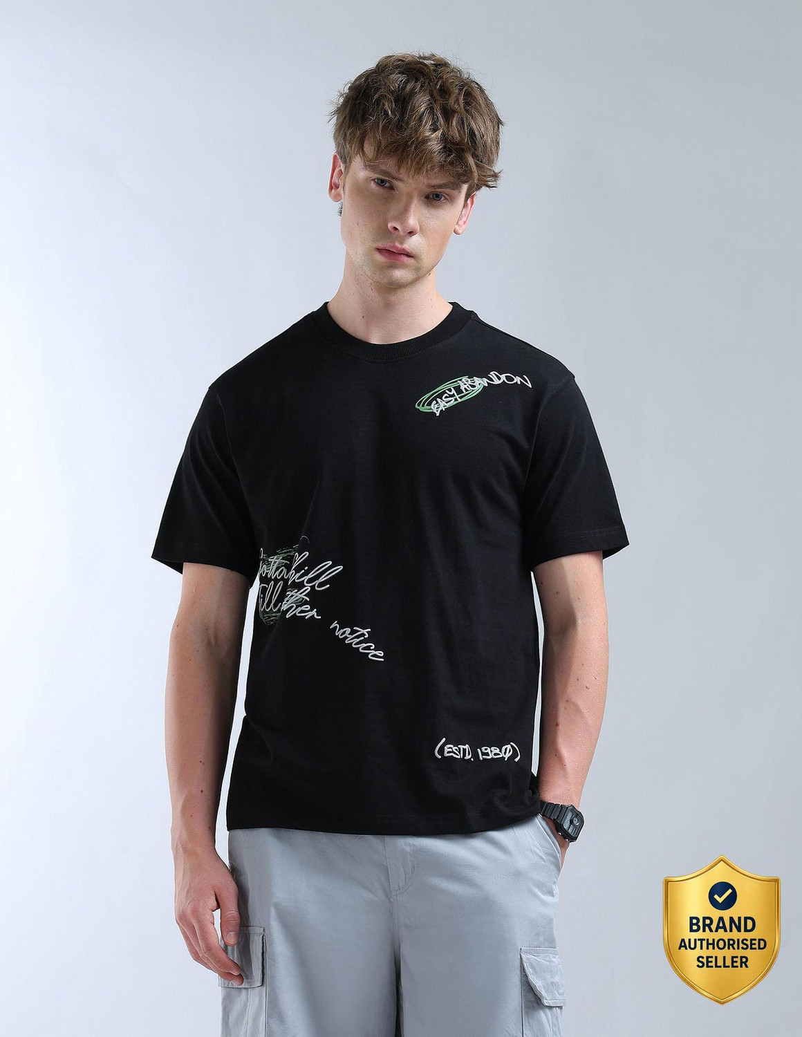 Image of FLYING MACHINE Typography Men Round Neck Black T-Shirt