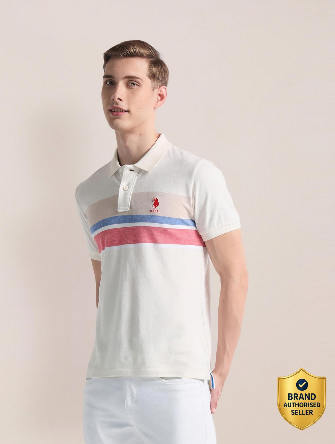 Image of U.S. POLO ASSN. Colorblock Men Polo Neck Beige T-Shirt