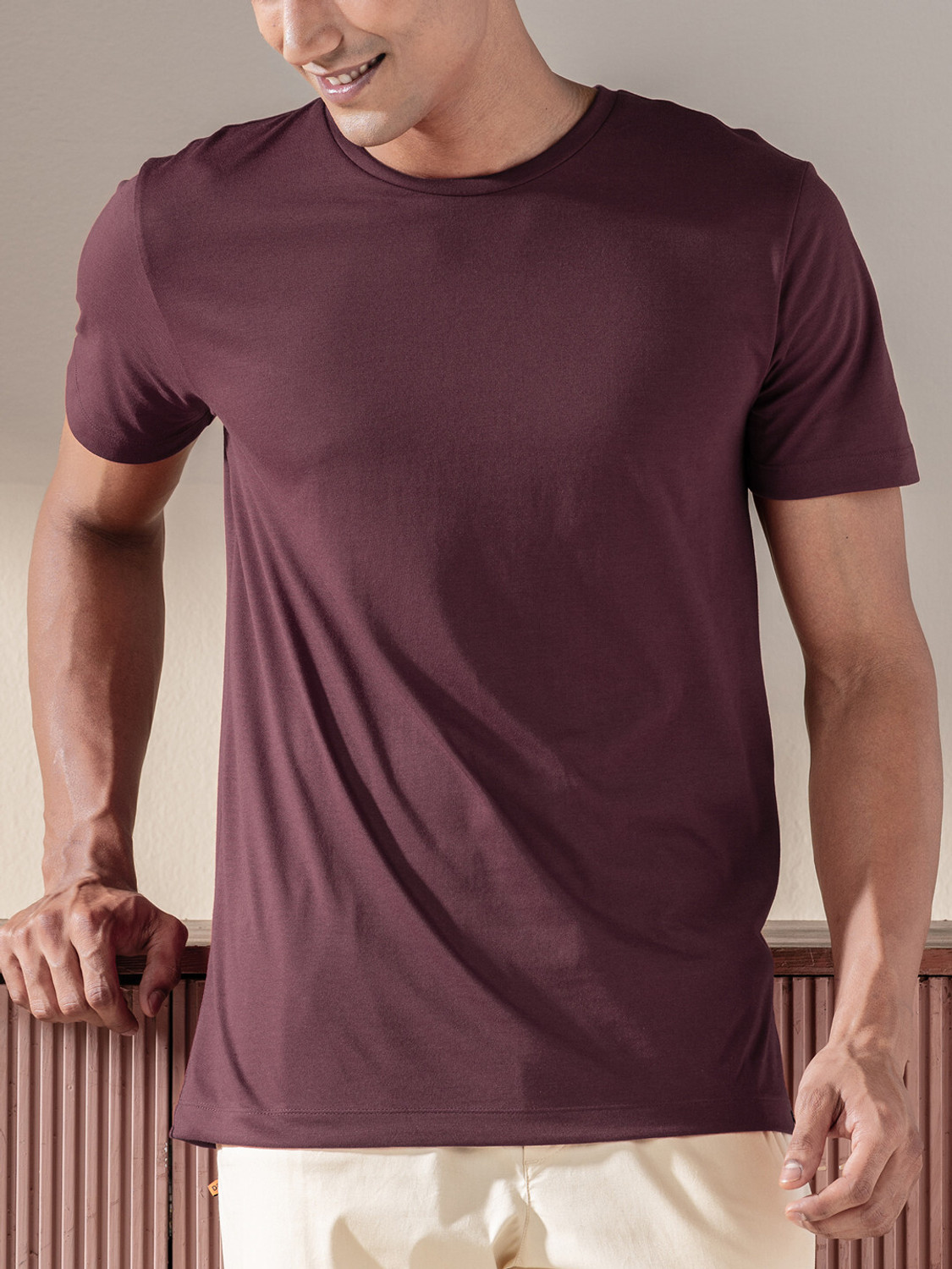 Damensch Solid Men Round Neck Maroon T-Shirt