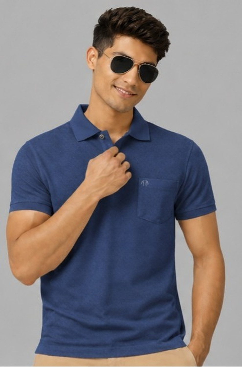 Image of Trend Twist Self Design Men Polo Neck Blue T-Shirt