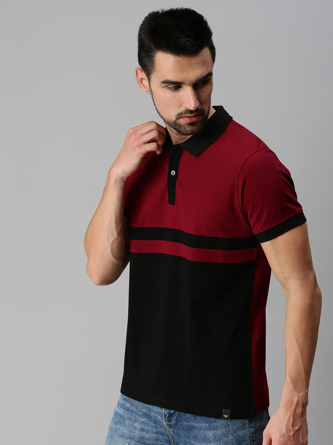 Image of Veirdo Striped Men Polo Neck Maroon T-Shirt