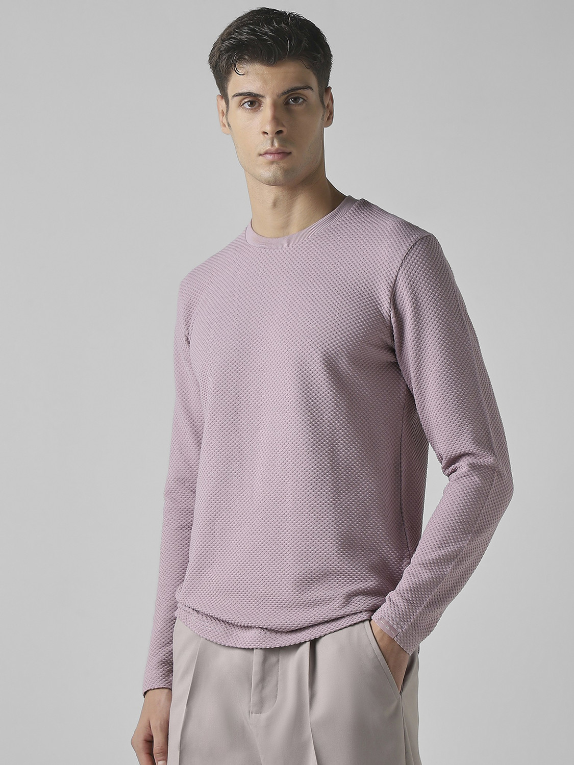 Image of MUFTI Solid Men Crew Neck Purple T-Shirt