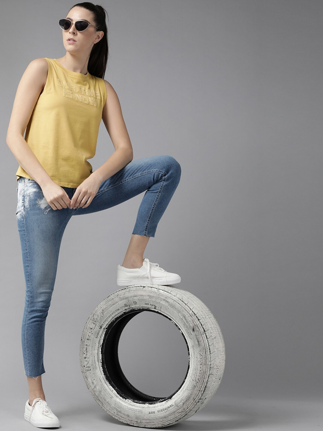 Image of Roadster Embroidered Women Round Neck Yellow T-Shirt
