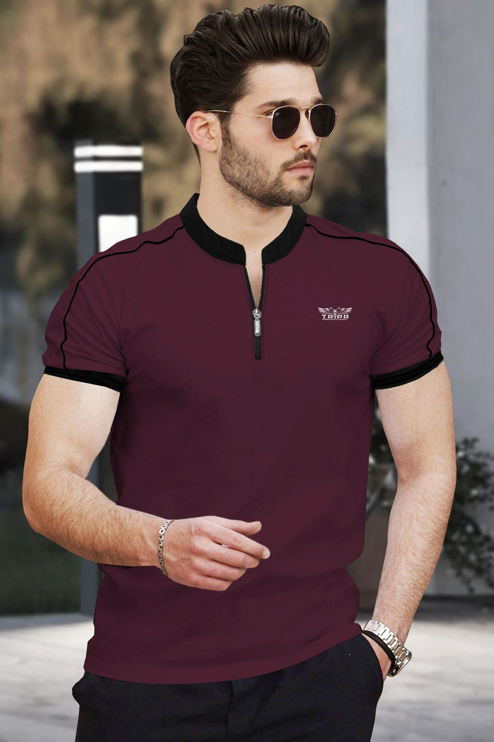 Image of TRIPR Printed Men Mandarin Collar Maroon, Black T-Shirt