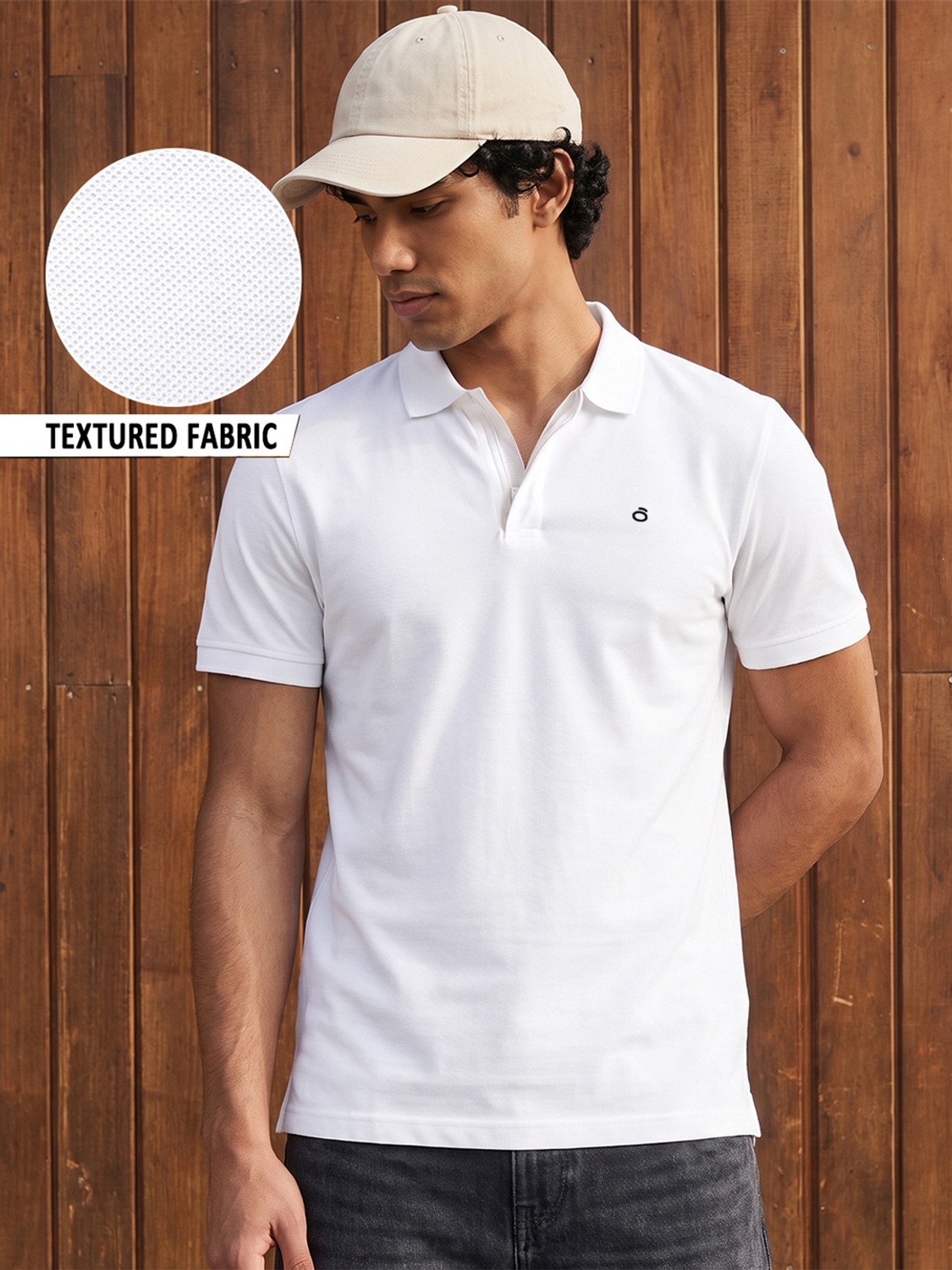 Image of BEWAKOOF Men Self Design Polo Neck Pure Cotton White T-Shirt