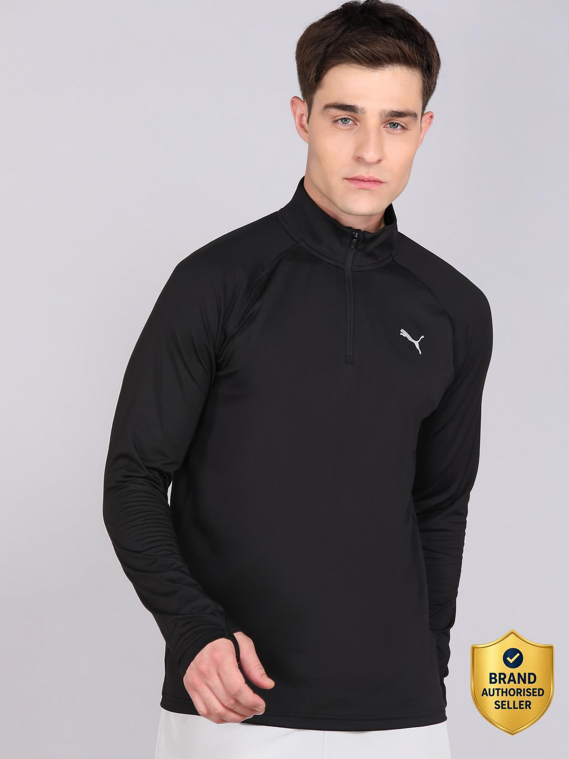 Image of PUMA Men Solid High Neck Polyester Black T-Shirt