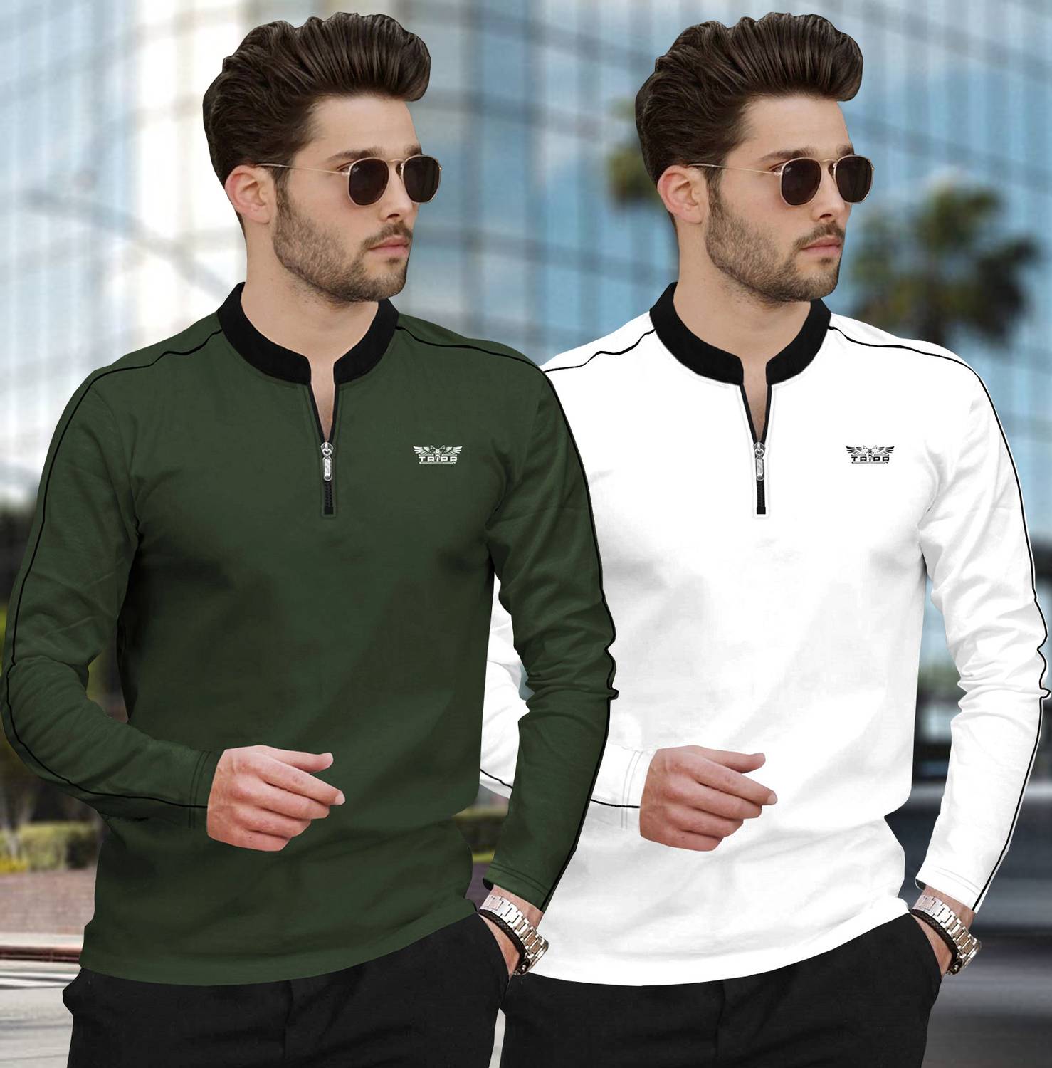 TRIPR Pack of 2 Men Solid Mandarin Collar Cotton Blend Dark Green