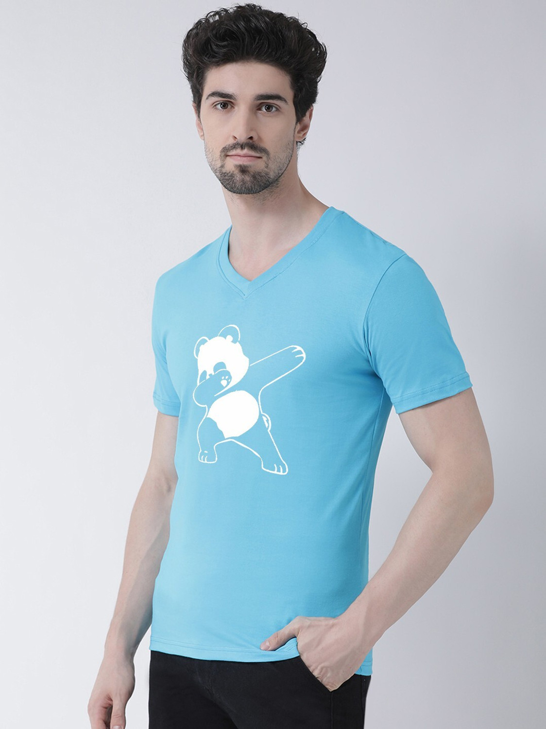 Image of FRISKERS Printed Men V Neck Light Blue T-Shirt