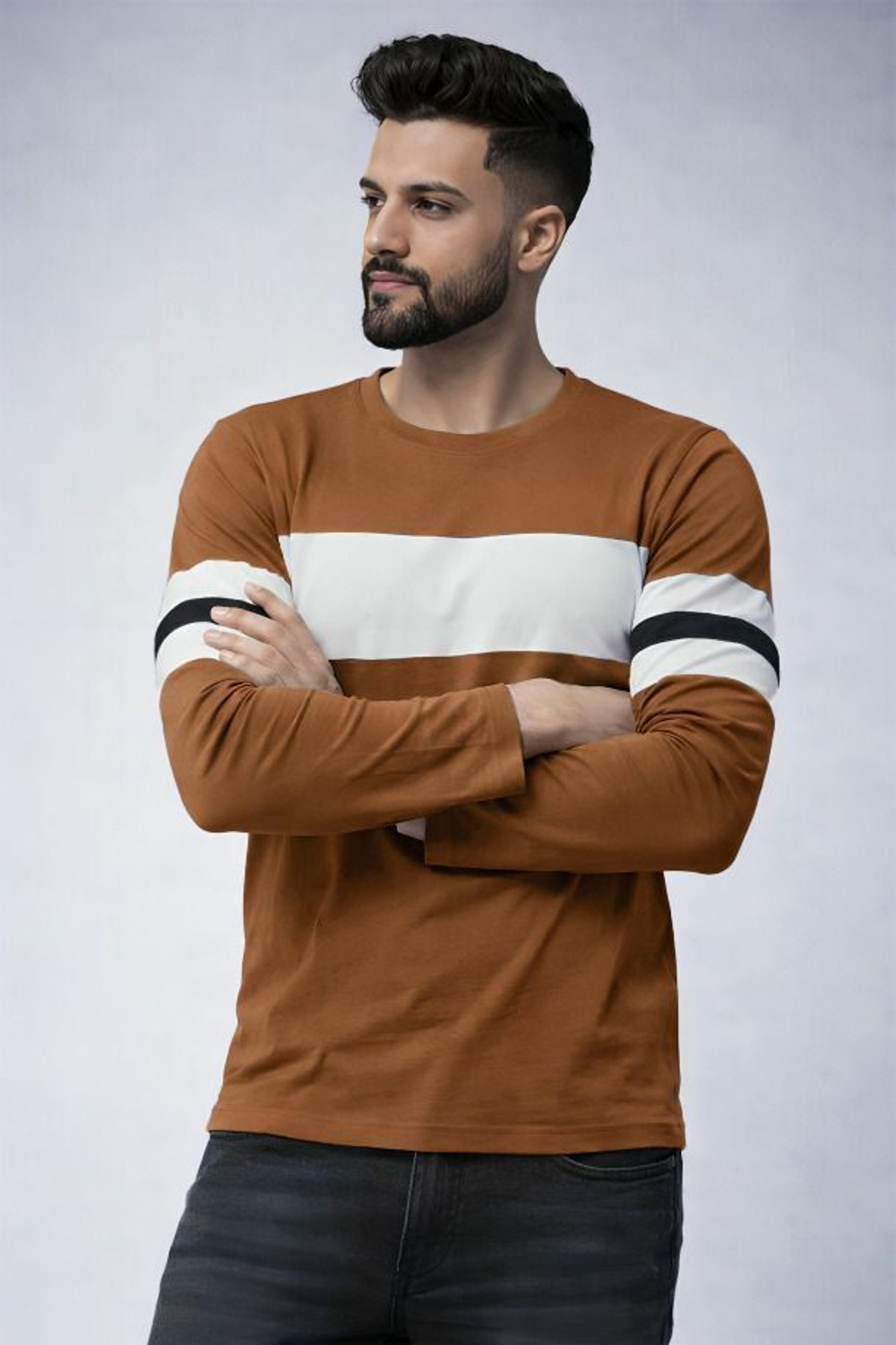 Image of THE DRY STATE Colorblock Men Round Neck Brown T-Shirt