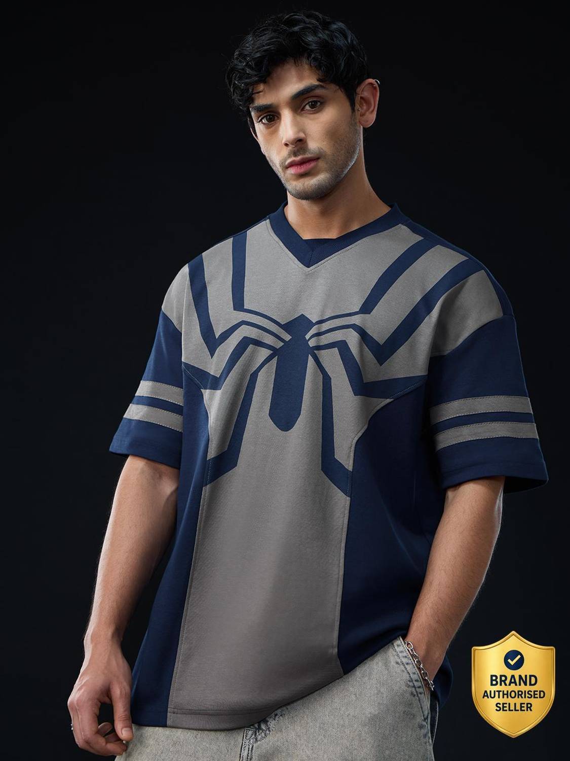 The Souled Store Men Navy Blue, Grey V Neck T-Shirt - Image 1